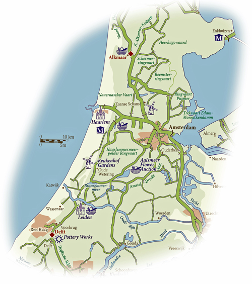 Mapa del Itinerario CANALES DE HOLANDA a bordo del PANACHE CRUCEROS FLUVIALES DE LUJO CRUCEROS EN BARCAZA PANACHE CRUCEROS HOLANDA CRUCEROS CRUISES HOLLAND DUCHT CANALS BARGE CRUISES
